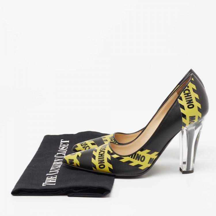Pre Owned Moschino Black/Yellow Leather Caution Print Pumps Size 36