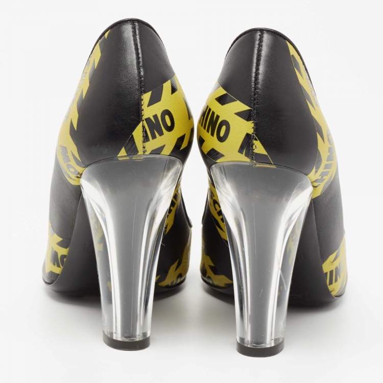 Pre Owned Moschino Black/Yellow Leather Caution Print Pumps Size 36