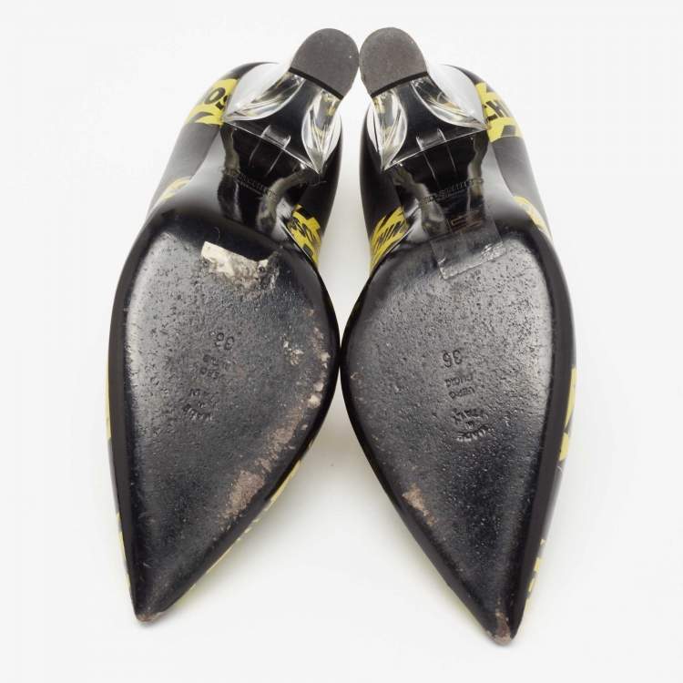 Pre Owned Moschino Black/Yellow Leather Caution Print Pumps Size 36