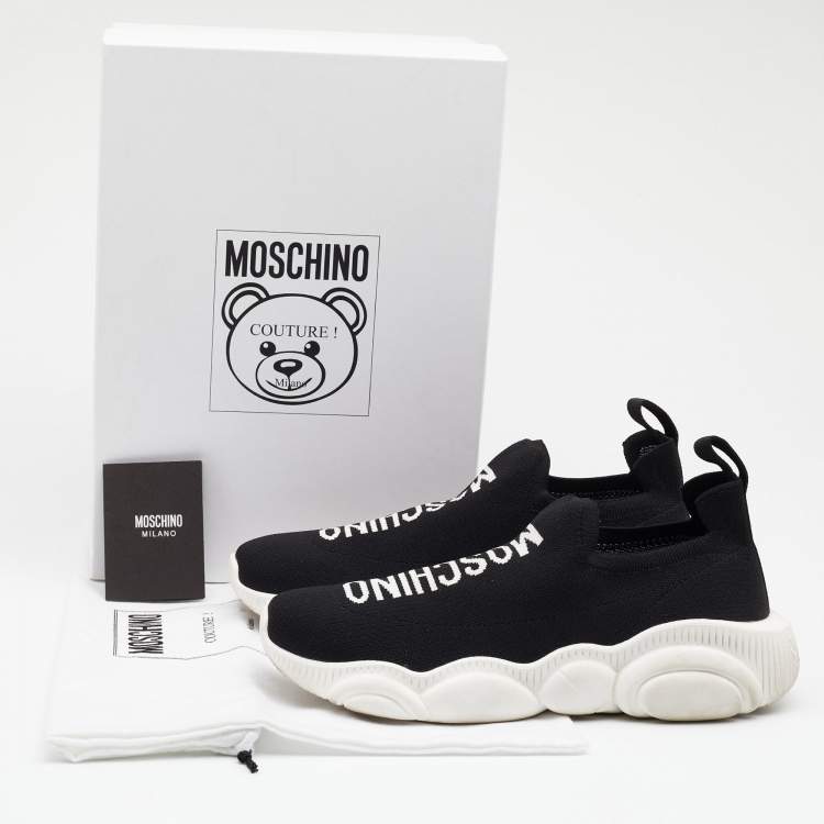 Pre Owned Moschino Black Knit Fabric Logo Slip On Sneakers Size 38