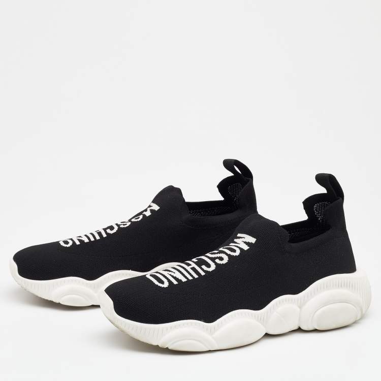 Pre Owned Moschino Black Knit Fabric Logo Slip On Sneakers Size 38