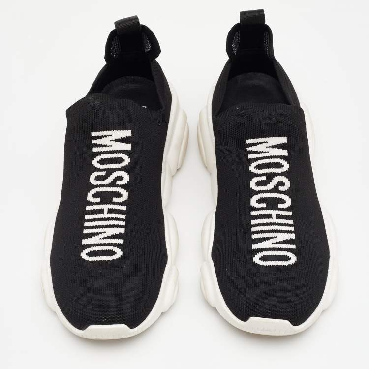 Pre Owned Moschino Black Knit Fabric Logo Slip On Sneakers Size 38