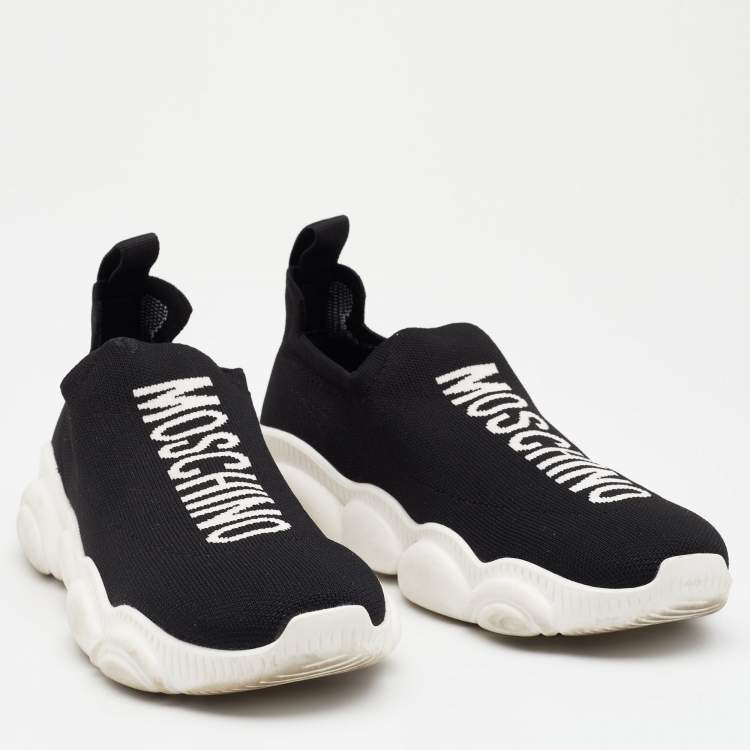 Pre Owned Moschino Black Knit Fabric Logo Slip On Sneakers Size 38