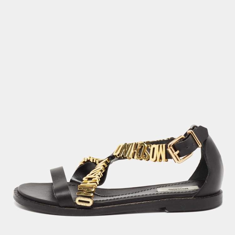 Pre Owned Moschino Black Leather Logo Print Sandals Size 36