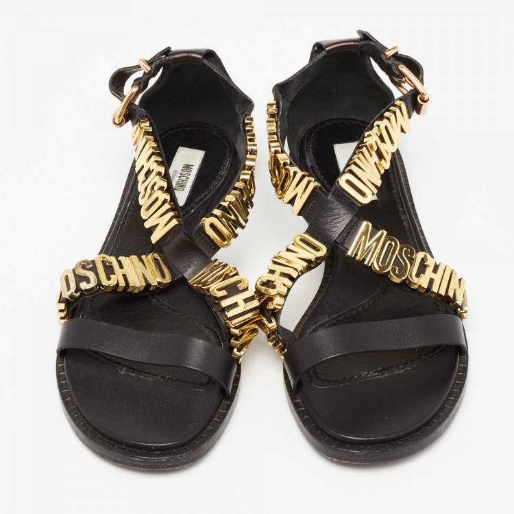 Pre Owned Moschino Black Leather Logo Print Sandals Size 36