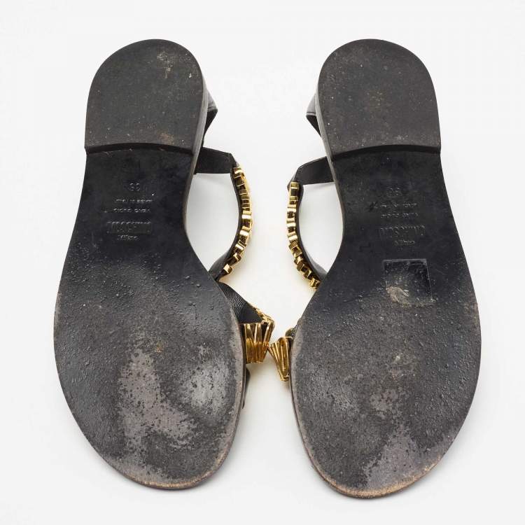 Pre Owned Moschino Black Leather Logo Print Sandals Size 36
