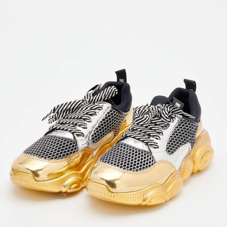 Pre Owned Moschino Metallic Multicolor Leather and Mesh Teddy Bear Sneakers Size 39