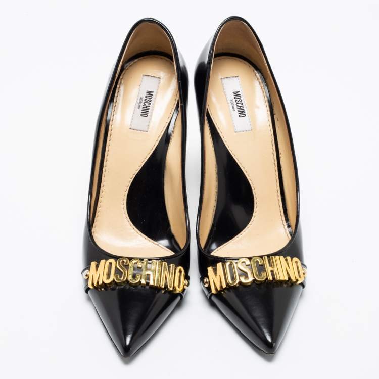 Pre Owned Moschino Black Leather Logo Buckle Pointed-Toe Pumps Size 39
