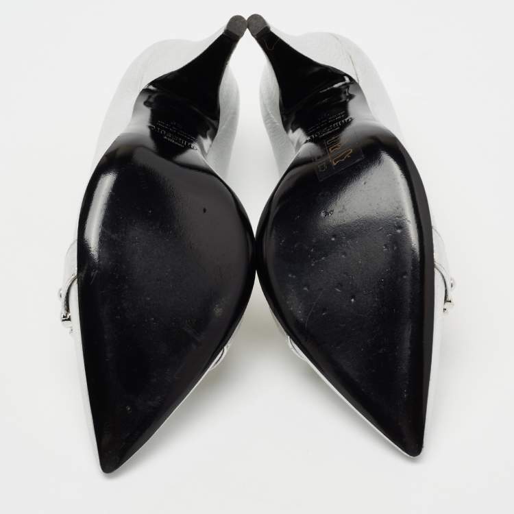 Pre Owned Moschino Silver Leather Logo Letter Pointed Toe Pumps Size 39