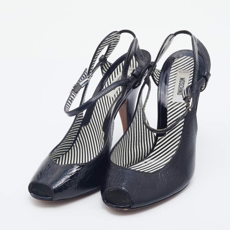 مملوكة مسبقًا Moschino Black Patent Leather Peep Toe Strappy Sandals Size 40