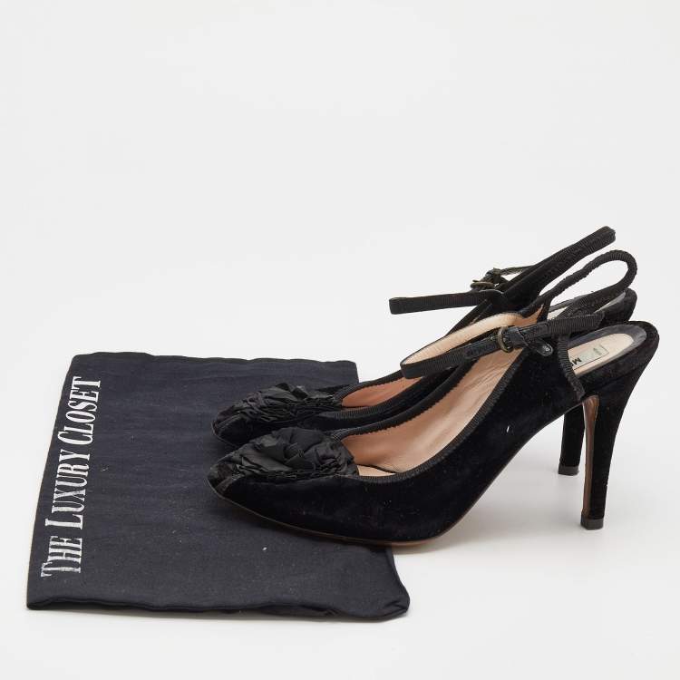 Pre Owned Moschino Black Velvet Flower Embellished Mary Jane Peep Toe Sandals Size 38