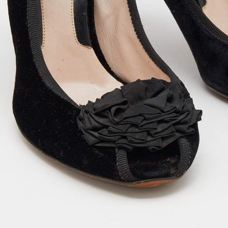 Pre Owned Moschino Black Velvet Flower Embellished Mary Jane Peep Toe Sandals Size 38