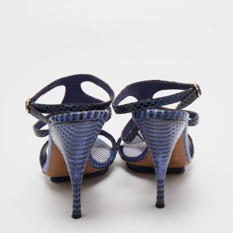 Pre Owned Moschino Blue/Black Python Leather Ankle Strap Sandals Size 37.5