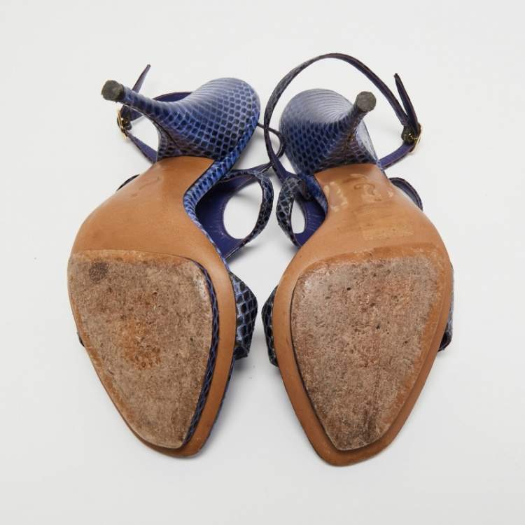Pre Owned Moschino Blue/Black Python Leather Ankle Strap Sandals Size 37.5