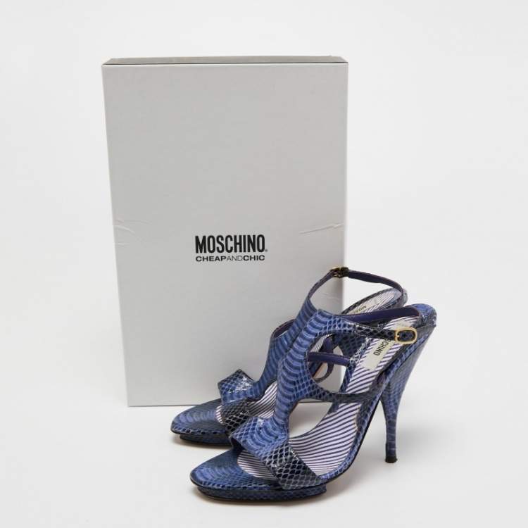 Pre Owned Moschino Blue/Black Python Leather Ankle Strap Sandals Size 37.5