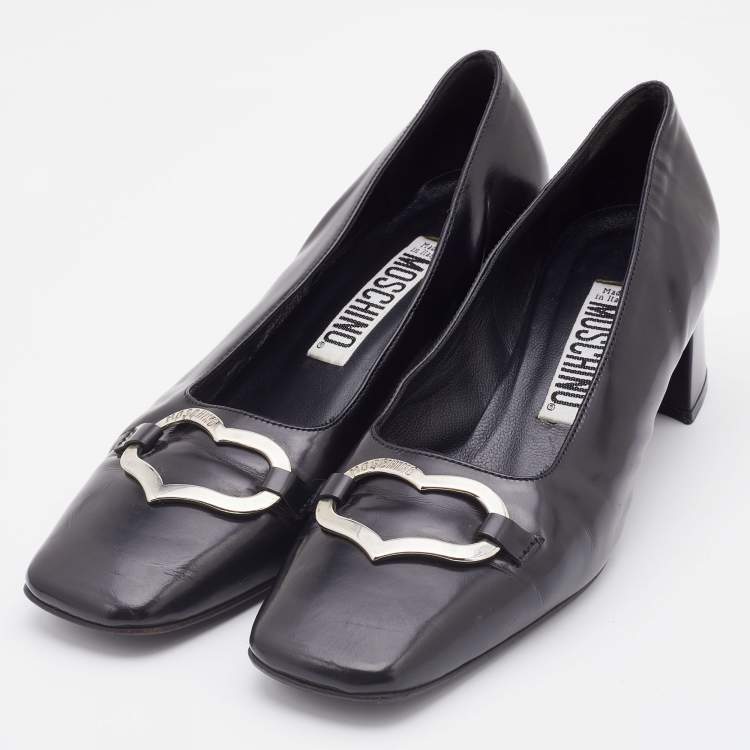 Pre Owned Moschino Black Leather Heart Square Toe Block Heel Pumps Size 37