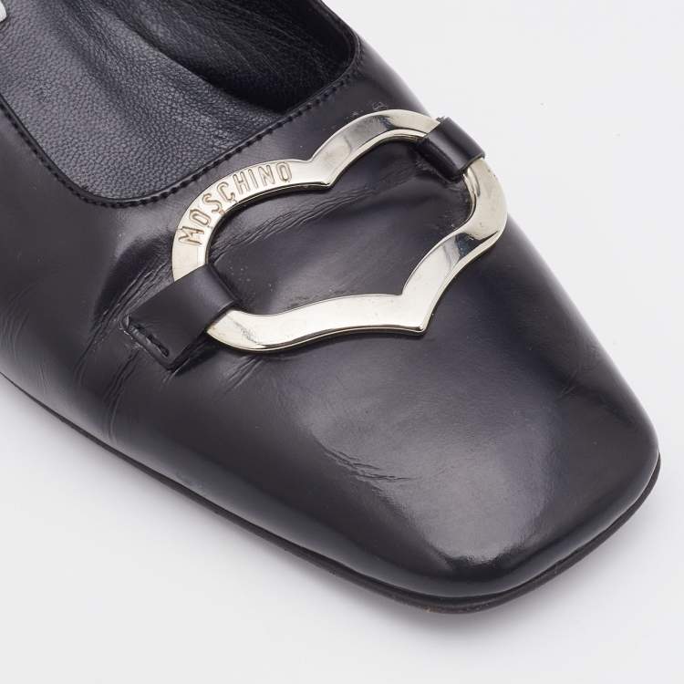 Pre Owned Moschino Black Leather Heart Square Toe Block Heel Pumps Size 37