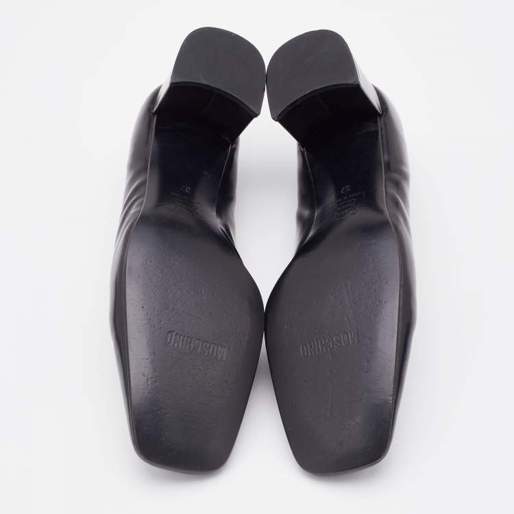 Pre Owned Moschino Black Leather Heart Square Toe Block Heel Pumps Size 37