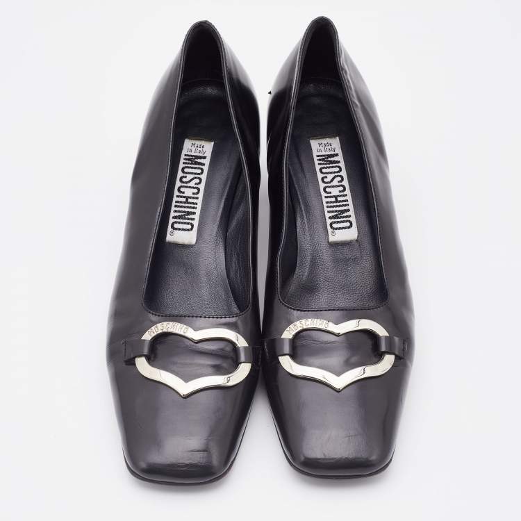 Pre Owned Moschino Black Leather Heart Square Toe Block Heel Pumps Size 37