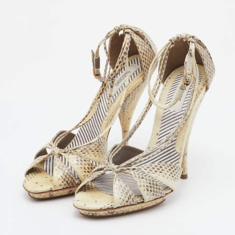 Pre Owned Moschino Cream/Brown Water Snake Ankle Strap Sandals Size 38.5