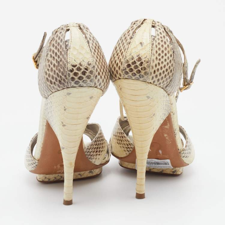 Pre Owned Moschino Cream/Brown Water Snake Ankle Strap Sandals Size 38.5