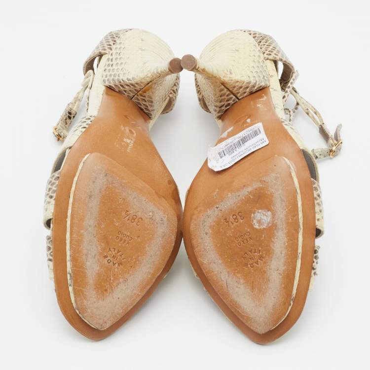 Pre Owned Moschino Cream/Brown Water Snake Ankle Strap Sandals Size 38.5