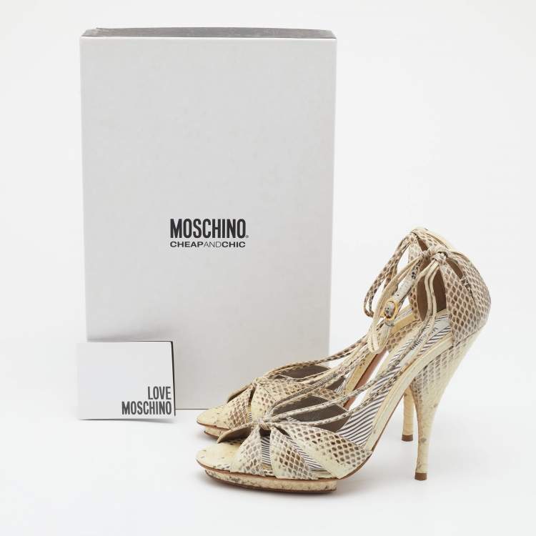 Pre Owned Moschino Cream/Brown Water Snake Ankle Strap Sandals Size 38.5