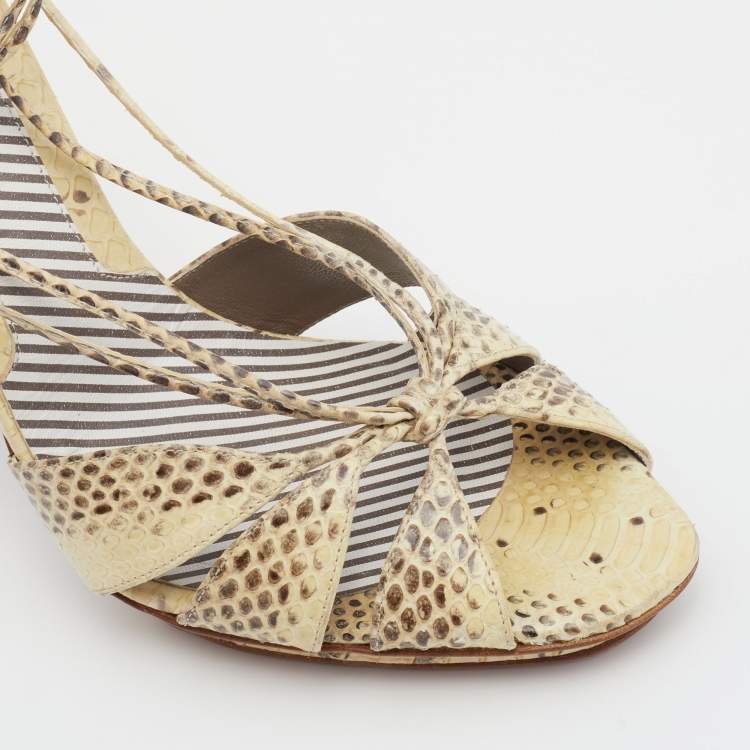 Pre Owned Moschino Cream/Brown Water Snake Ankle Strap Sandals Size 38.5