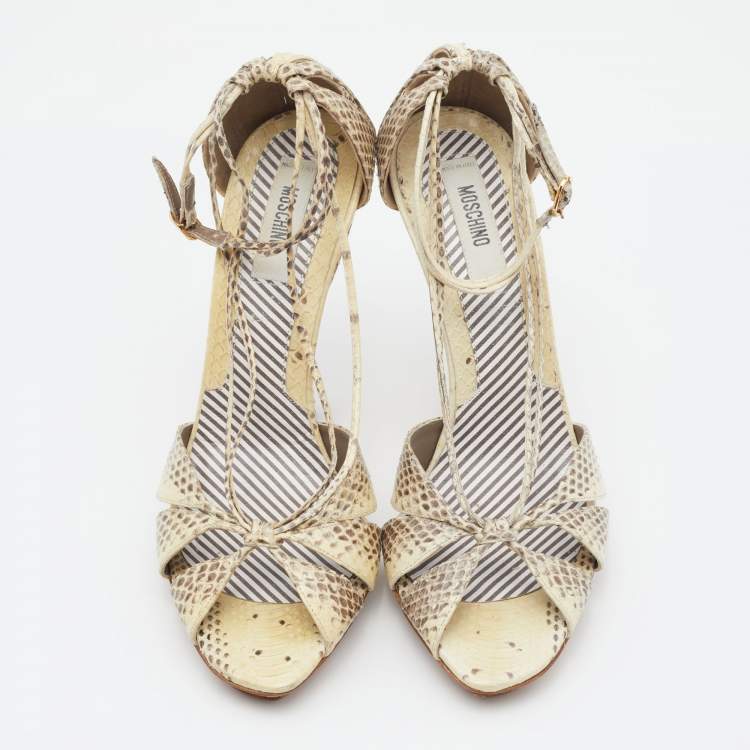 Pre Owned Moschino Cream/Brown Water Snake Ankle Strap Sandals Size 38.5