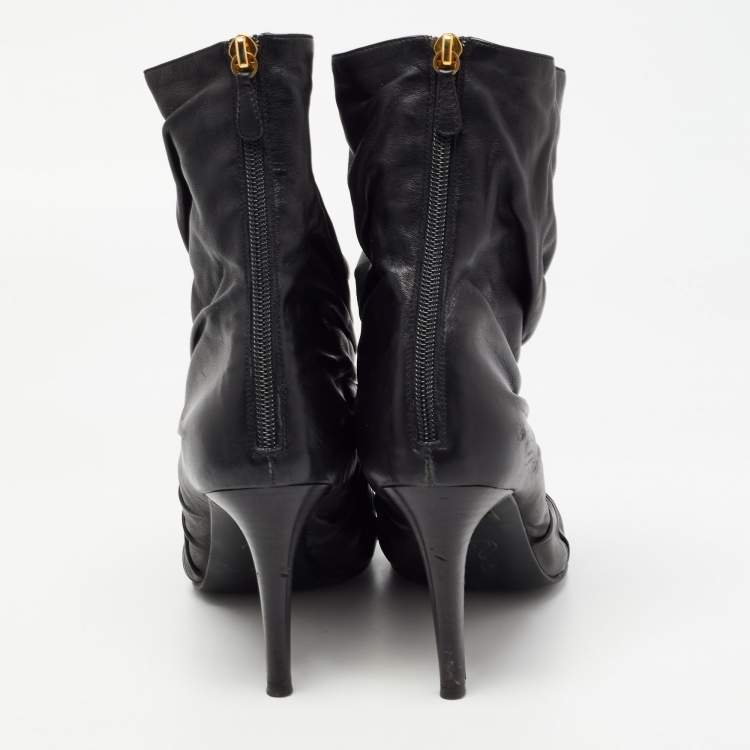 Pre Owned Moschino Black Pleated Leather Heart Cutout Ankle Booties Size 40