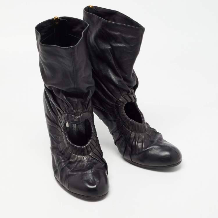 Pre Owned Moschino Black Pleated Leather Heart Cutout Ankle Booties Size 40
