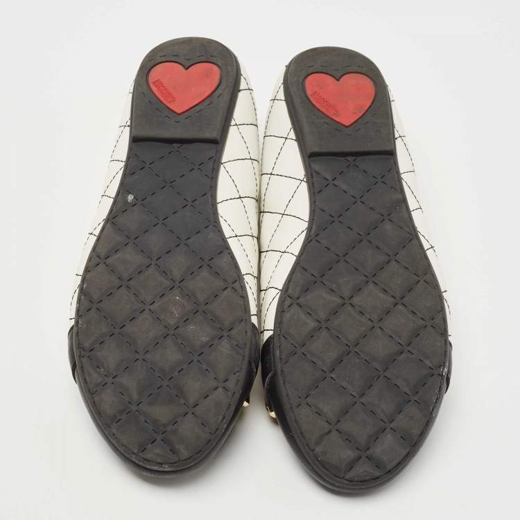 Pre Owned Moschino Black/White Leather Logo Embellished Ballet Flats Size 37 