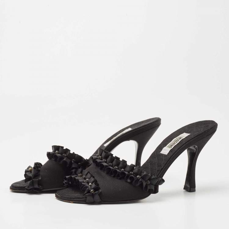 Pre Owned Moschino Black Satin Crystal Embellished Slide Sandals Size 40