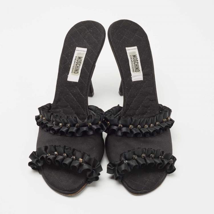 Pre Owned Moschino Black Satin Crystal Embellished Slide Sandals Size 40
