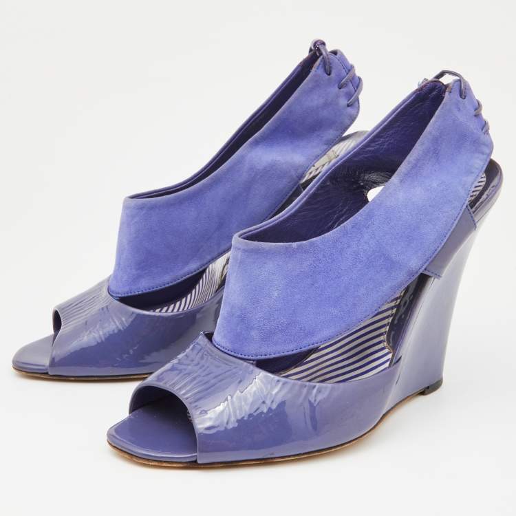 Pre Owned Moschino Blue Suede and Patent Leather Wedge Sandals Size 39