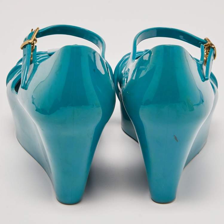 مملوكة مسبقًا Moschino x Kartell Blue Rubber Jelly Super Bow Wedge Sandals Size 40