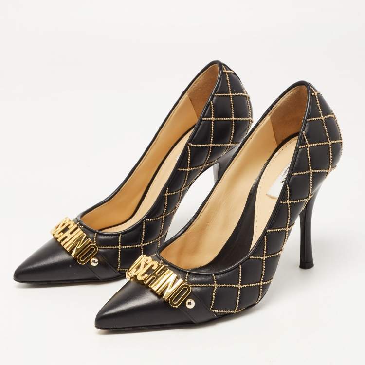 Pre Owned Moschino Black Quilted and Beaded Leather Logo Pumps Size 36