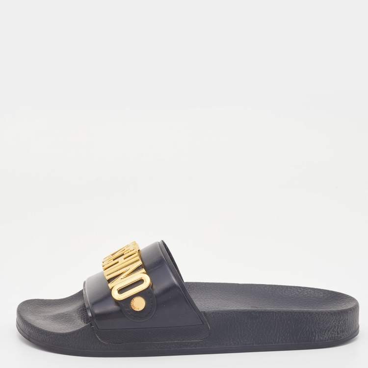 Pre Owned Moschino Black PVC Lettering Pool Slides Size 40