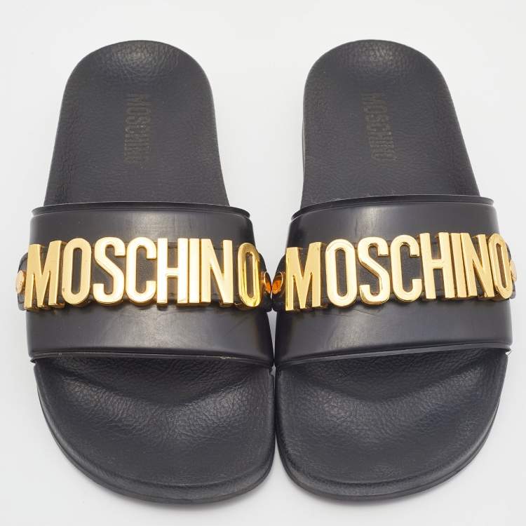 Pre Owned Moschino Black PVC Lettering Pool Slides Size 40
