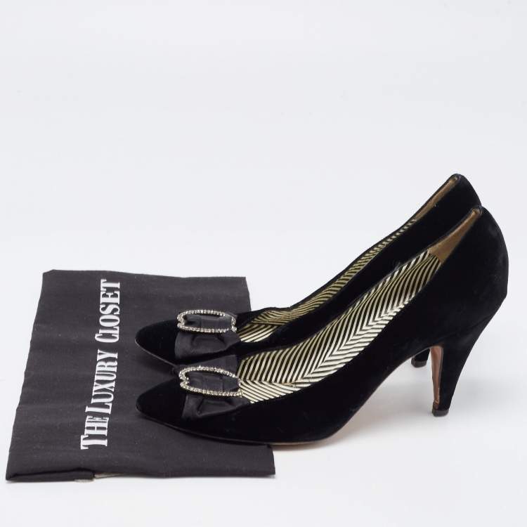 Pre Owned Moschino Black Velvet and Satin Crystal Embellished Bow Pumps Size 41