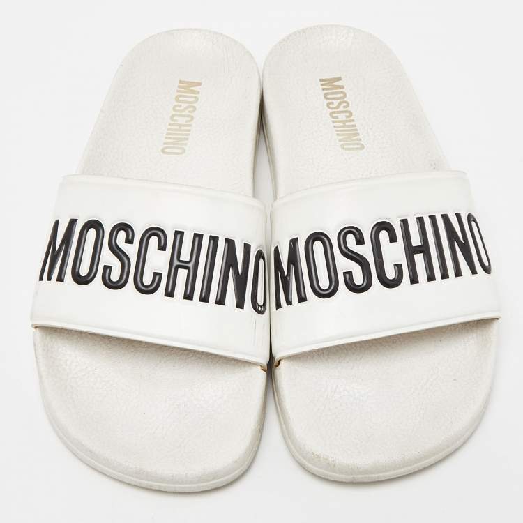Pre Owned Moschino White Rubber Logo Flat Slides Size 37