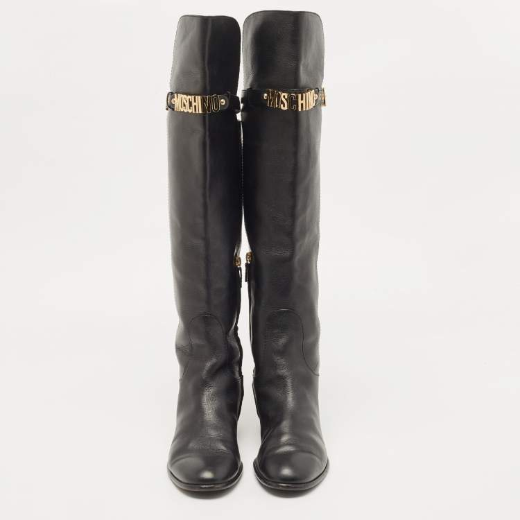 Pre Owned Moschino Black Leather Logo Knee Length Boots Size 39