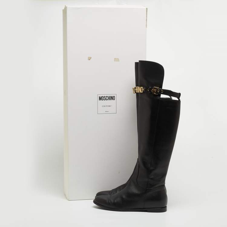 Pre Owned Moschino Black Leather Logo Knee Length Boots Size 37.5