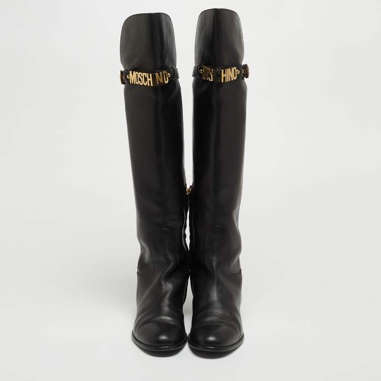 Pre Owned Moschino Black Leather Logo Knee Length Boots Size 37.5