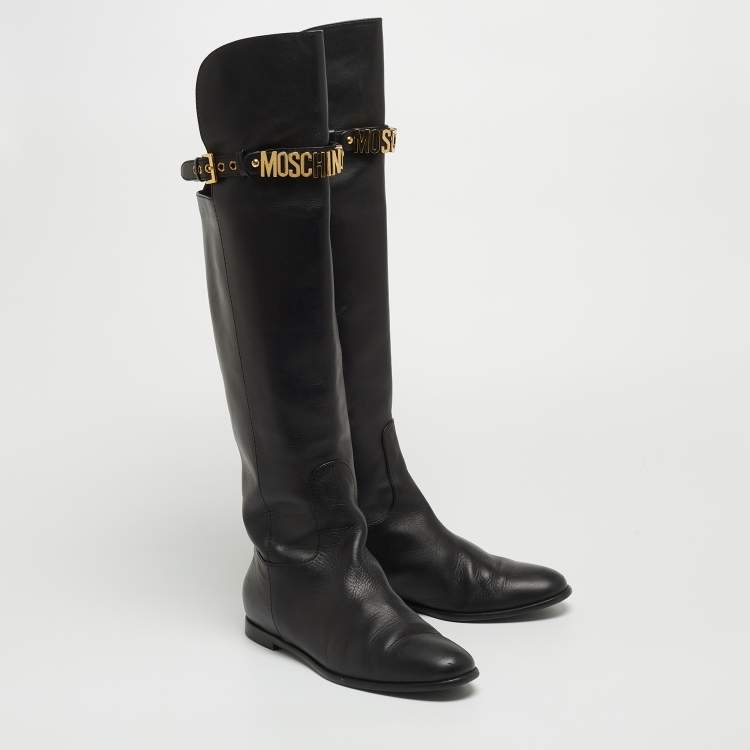 Pre Owned Moschino Black Leather Logo Knee Length Boots Size 37.5