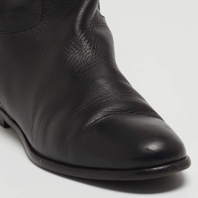 Pre Owned Moschino Black Leather Logo Knee Length Boots Size 37.5