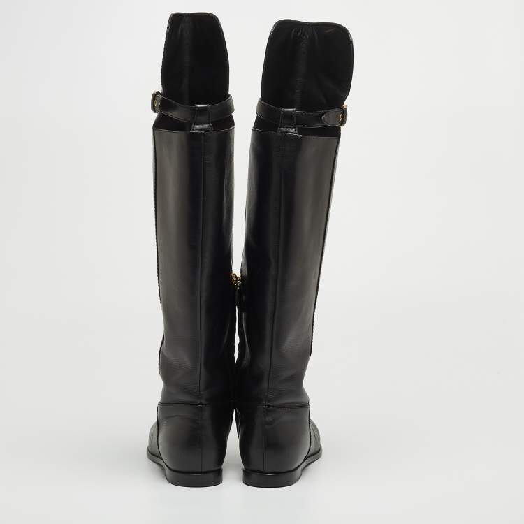 Pre Owned Moschino Black Leather Logo Knee Length Boots Size 37.5