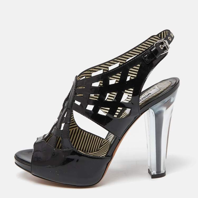 Pre Owned Moschino Black Patent Leather Caged Slingback Sandals Size 38