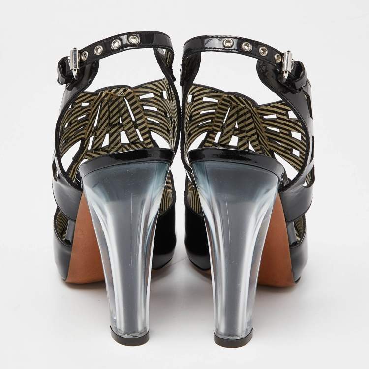 Pre Owned Moschino Black Patent Leather Caged Slingback Sandals Size 38