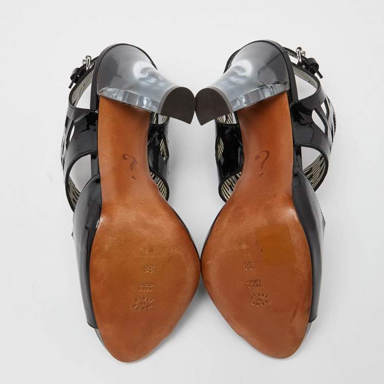 Pre Owned Moschino Black Patent Leather Caged Slingback Sandals Size 38